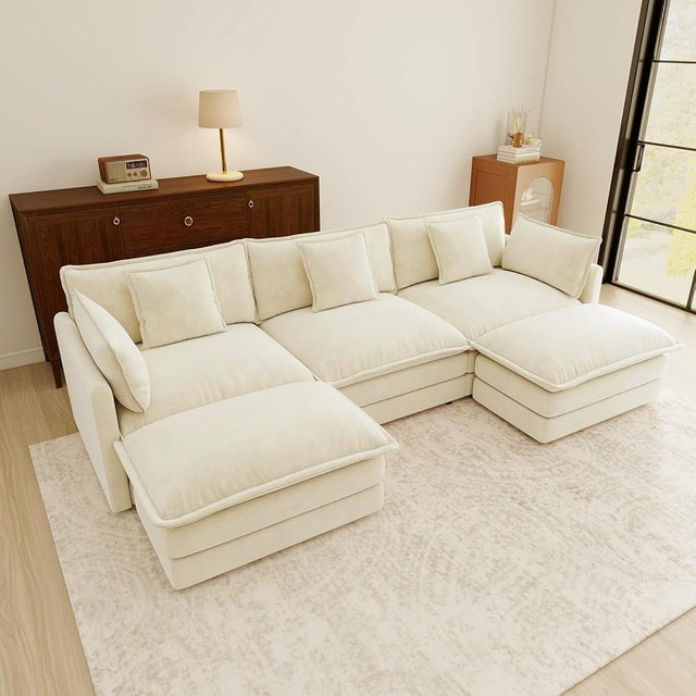 111.5” Beige White Modular Sectional Sofa, 3 Seater Large Sectional Couches for Living Room, Chenille Fabric Oversized Cloud Couch with Ottoman, Deep Seat Home Sofas Set, Sofá Moderno, U Shaped