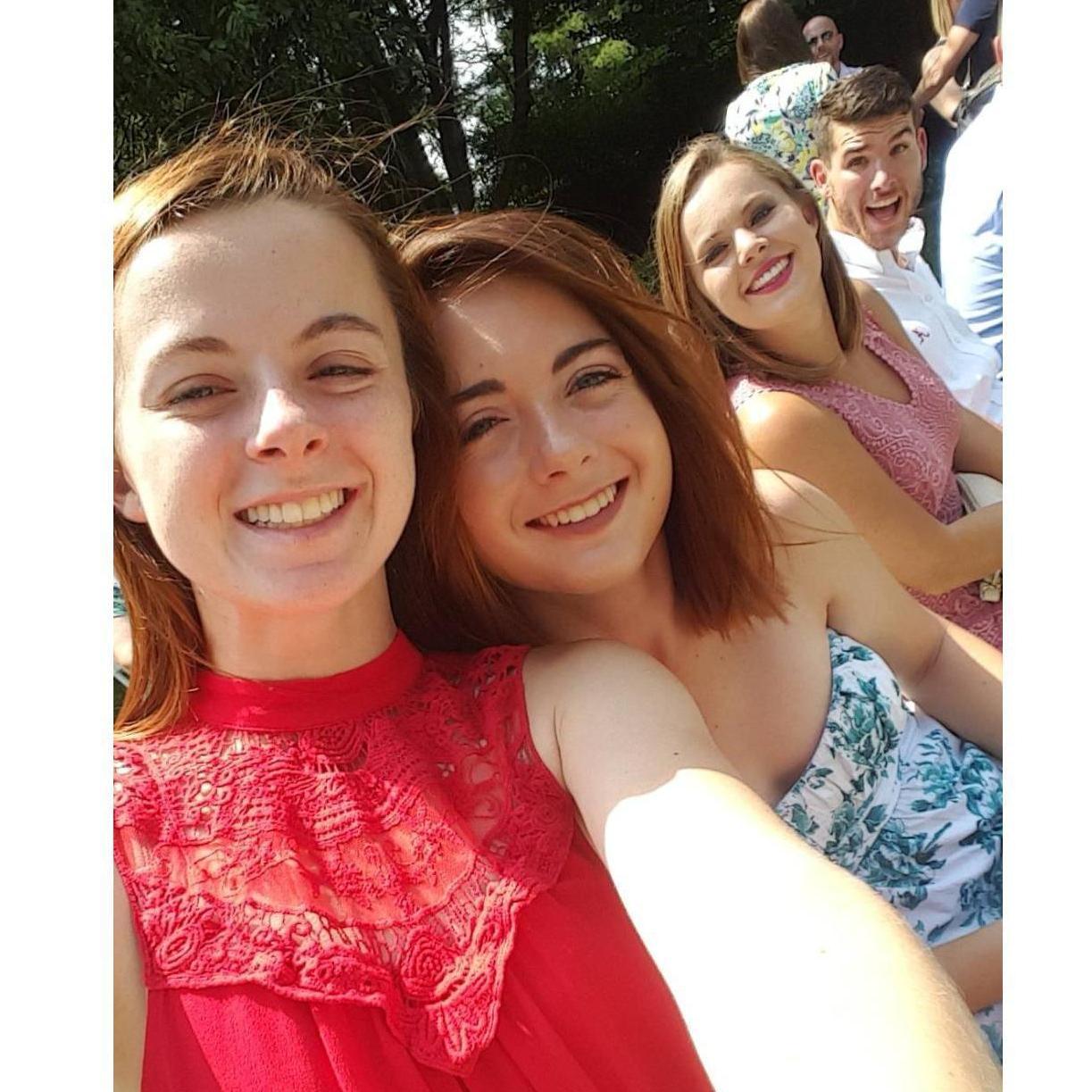 Sweating our booties off at an outdoor family wedding with Kelsey's two sisters, Kari (left-most) and Jessie next to us