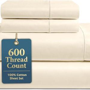 LANE LINEN Bed Sheets Queen Size – Premium 600 Thread Count Long-Staple 100% Cotton Sheets Queen Size Set, Hotel Luxury Soft & Cool Sateen Finish, Fully Elasticized 15" Deep Pocket – Ivory