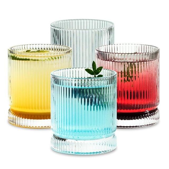 Ribbed Glass Cups Set, 13oz Vintage Drinking Glassware Set, 4 Piece Premium Glassware, Elegant Mixed Glassware Set, Origami Style Cocktail Glasses, Great for Cocktail, Whisky & Beverages (4PCS)