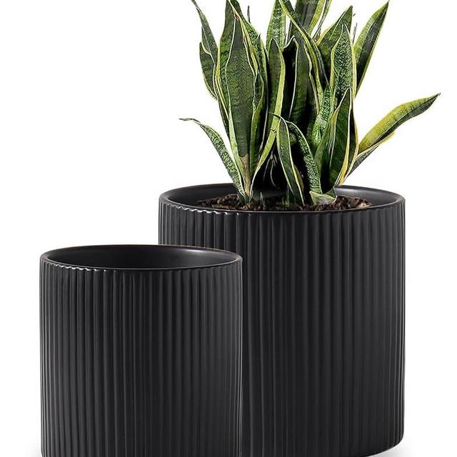 Swkien Planters for Indoor Plants, 8+6.5 Inch Plants Pot, Large Ceramic Pots for Plants with Drainage Hole, Flower Pot for Home and Office, Black