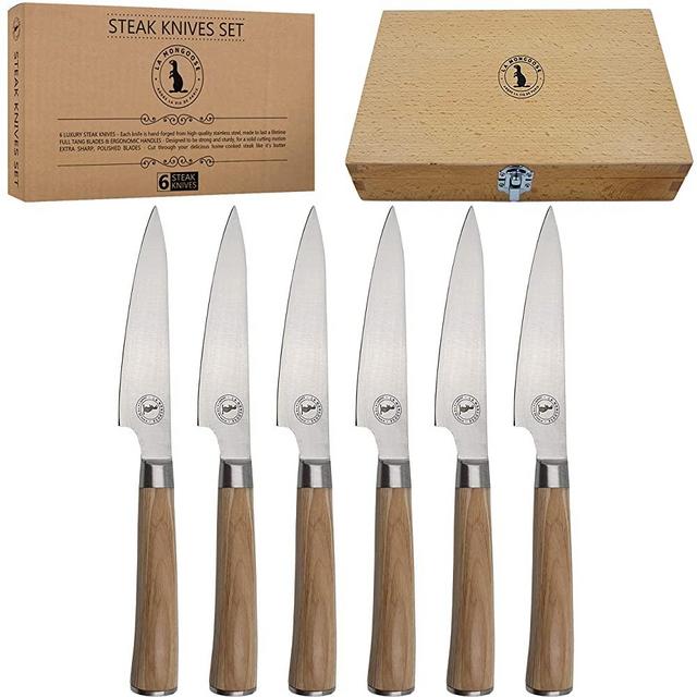 Steak Knife Set in Gift Box 6 Full-Tang High Carbon Stainless Steel Non-Serrated Knives Classic Olivewood Style Ergonomic Pakkawood Handles Luxury Beech Wood Case Premium Deluxe Birthday Gift
