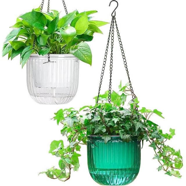 Melphoe 2 Pack Self Watering Hanging Planters Indoor Hanging Flower Pots, 6.5 Inch Outdoor Hanging Plant Pot Basket, Plant Hanger with 3Hooks Drainage Holes for Garden Home