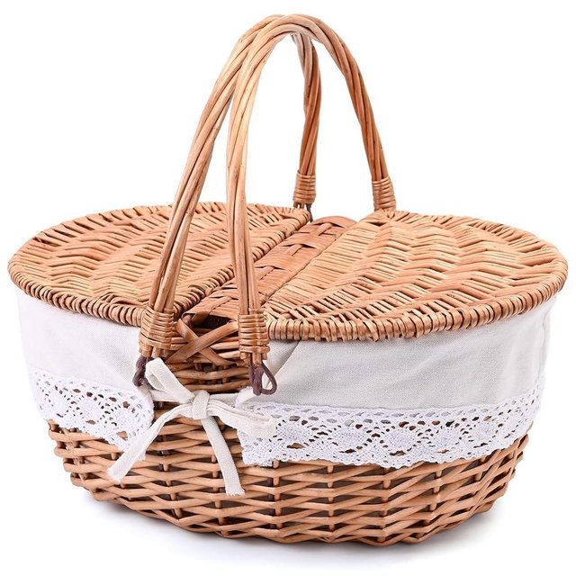 Large 15.4" Wicker Picnic Basket with Removable Liner Empty Picnic Baskets with Lid, Picnic Hamper with Foldable Handles for Picnic, Natural Color