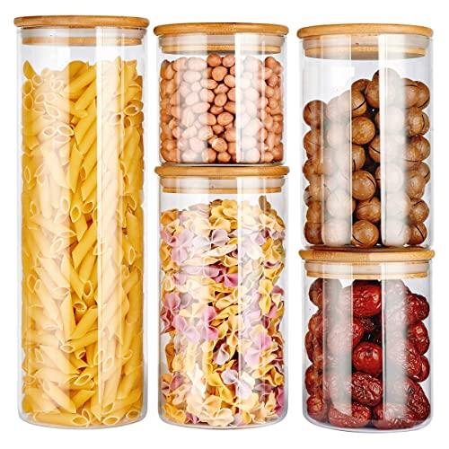 Glass Food Storage Jars, Airtight Glass Canister Set of 5 - Clear Glass Bulk Food Storage Canister for Coffee, Flour, Sugar, Candy, Cookie, Spice and More