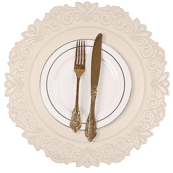 Noctiflorous Round Faux Leather 15 Inch Placemats Set of 6 Waterproof Wipeable Heat Resistant Tablemat for Dining Table Kitchen Non Slip Washable Oilproof Table Place Mat for Indoor Outdoor(Beige, 6)