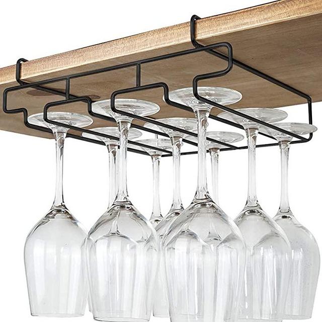 Bafvt Wine Glass Holder - Stemware Rack Under Cabinet - 304 Stainless Steel Hanger Storage Shelf, Fit for The Cabinet 0.8“ or Less (black, 3 Rows)