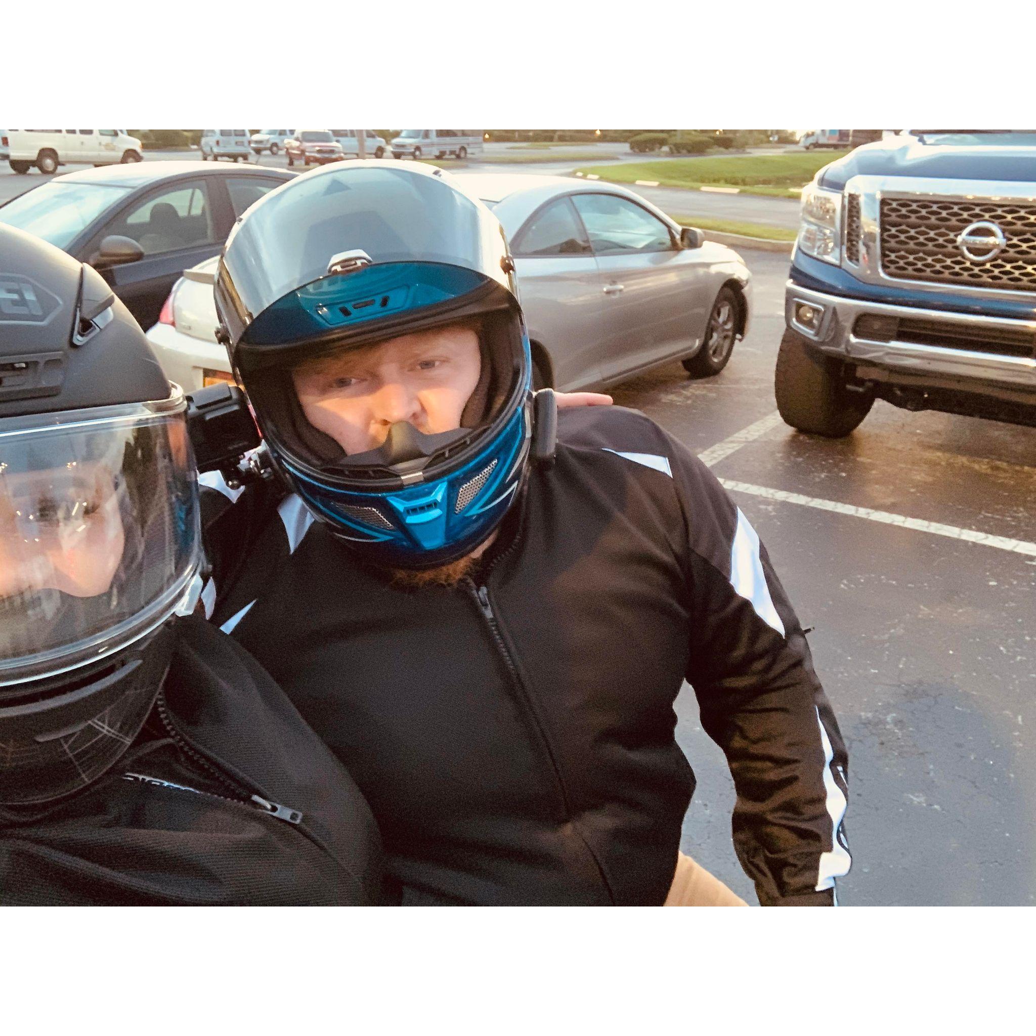 Photo of us out for dinner on our motorcycles.
