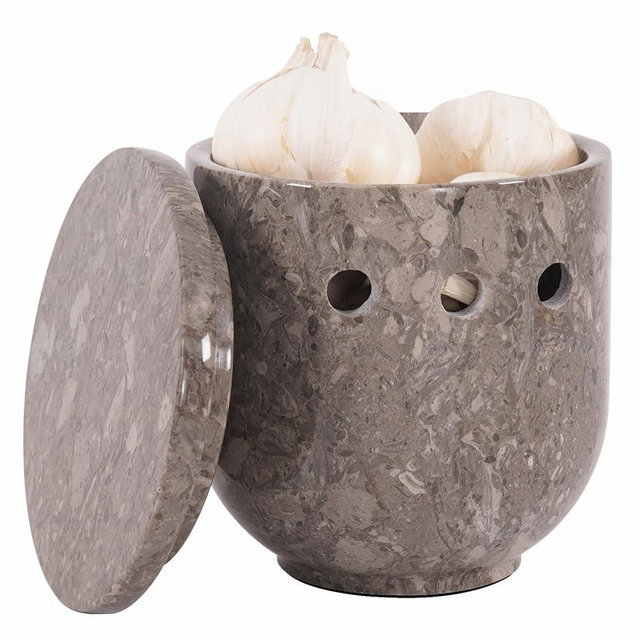 SPESHSTONES Marble Garlic Keeper 4.5 Inch Oceanic Handmade Storage Container for Kitchen Counter Decor - Stone Holder for Fresh Garlic & Ginger Jar