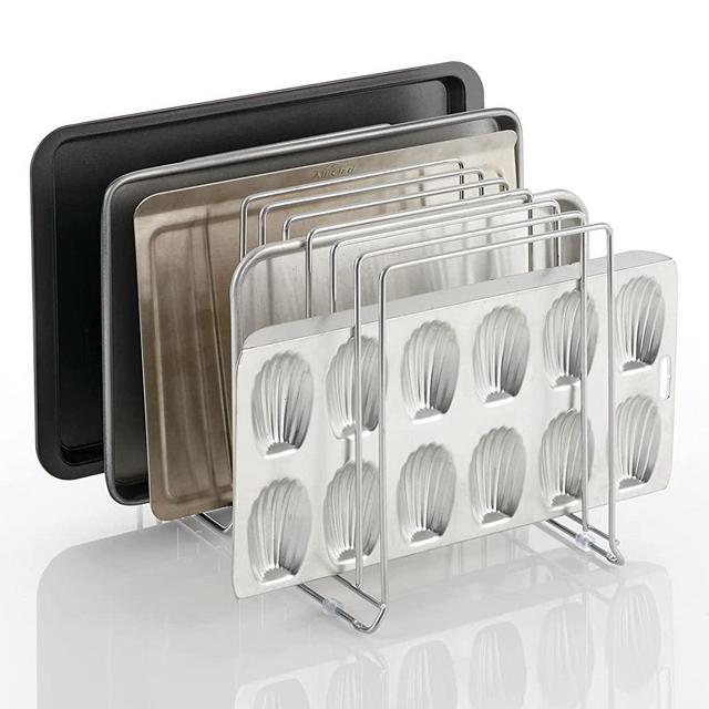 mDesign Metal Wire Organizer Rack for Kitchen Cabinet, Pantry, Shelves - Holder with 11 Slots for Skillets, Frying Pans, Lids, Cutting Boards, Vertical or Horizontal Placement - Extra Large - Chrome