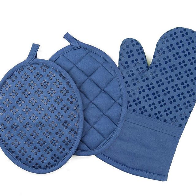 Sticky Toffee Printed Silicone Oven Mitt and Pot Holders, 100% Cotton, 3 Piece Set, Dark Blue