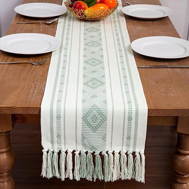 vgunama Green Table Runner 13.5x71Inch, Stripe Woven Table Runners with Tassel, Long Boho Table Runner