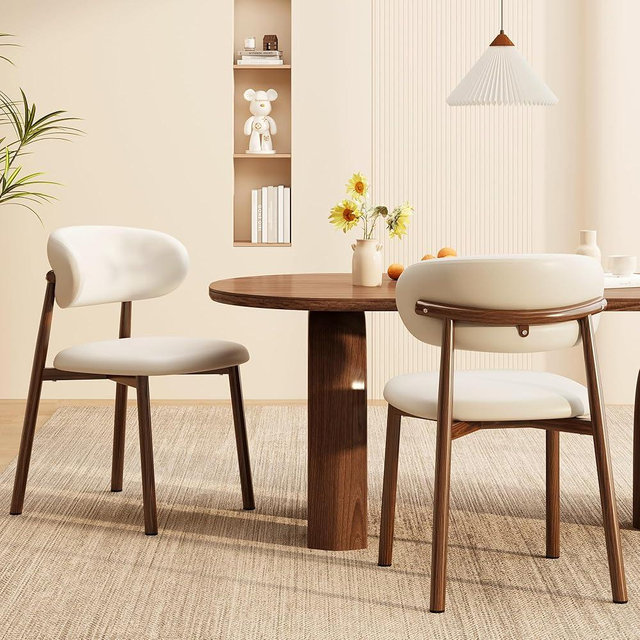 JCAJCA Kitchen Dining Chairs Set of 2 Modern Upholstered Leather Farmhouse Dining Room Chair with Metal Legs, Walnut Leg/Beige