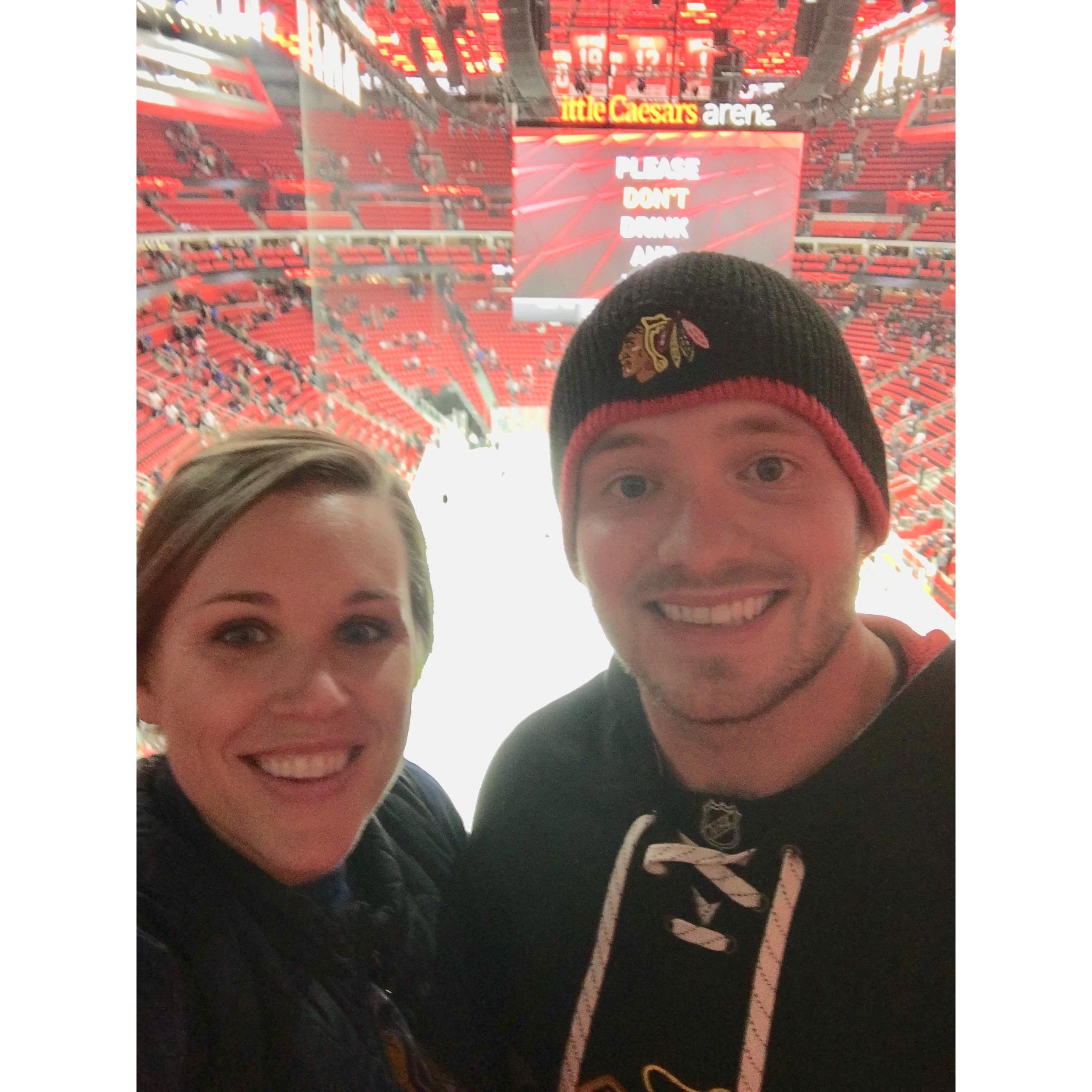 (January 2018) Sarah took Jake to Detroit to see the Blackhawks play the Redwings in the new Little Caesar's Arena for his birthday.