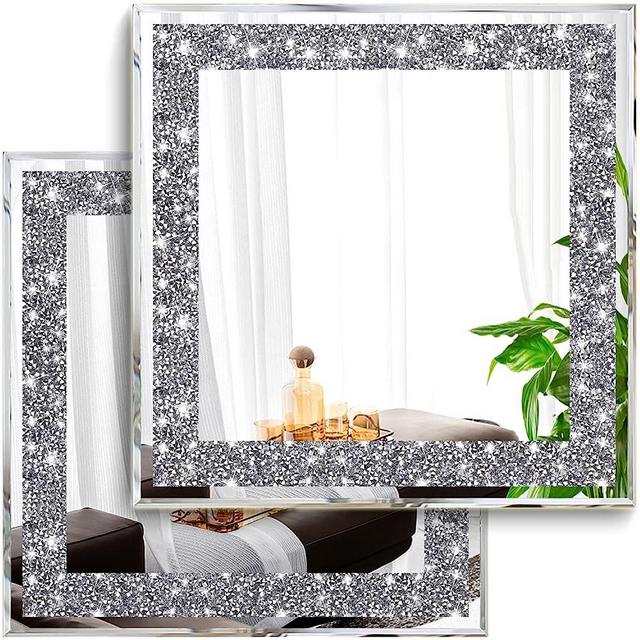 XIHACTY 2 Piece Wall Mirrors, Crush Diamond Mirrors Wall Decor, Silver Decorative Mirrors for Living Room Decor, Bedroom, Bathroom. (12”x12”)