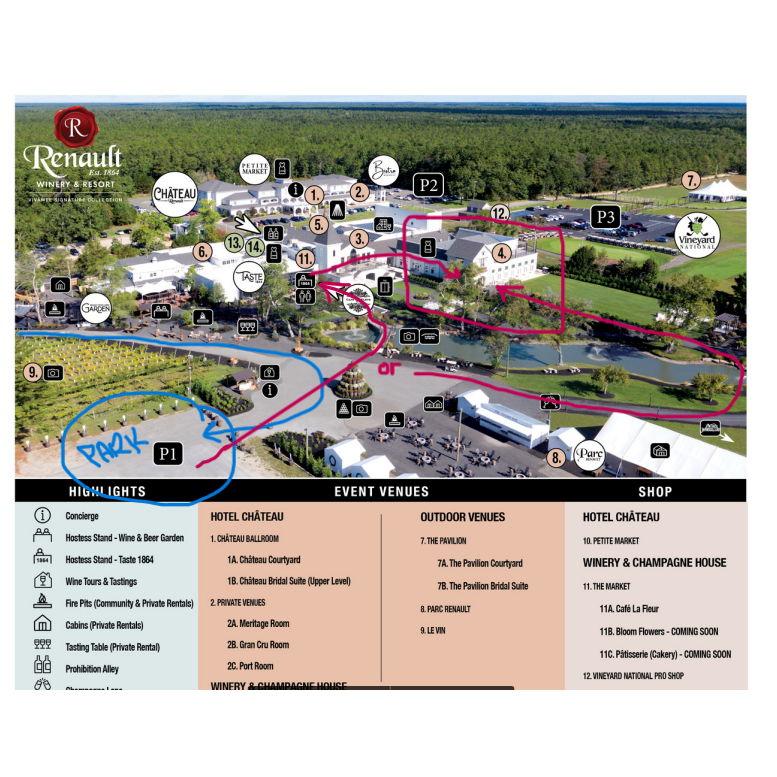 When arriving follow signs to parking lot ( Blue ), then follow Red paths to our ballroom!