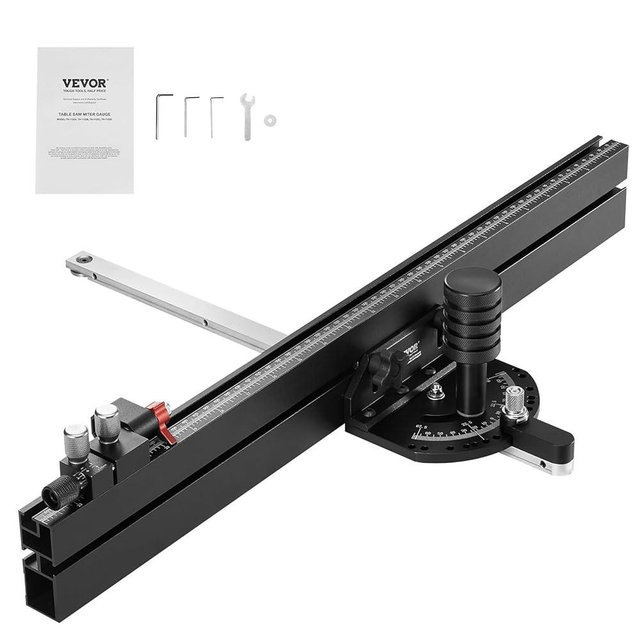 VEVOR Precision Miter Gauge, Standard Slot 3/4'' x 3/8'', Aluminum Alloy Table Saw Miter Gauge with 24 in Grating 15 Angle Stops Adjustable Spring Loaded Plunger and Removable Disc, for Woodworking