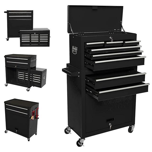 8-Drawer High Capacity Tool Chest with 4 Wheels,Lockable Rolling Tool Box and Tool Storage Cabinet,Removable Portable Set-Top Box Tool Organizer with Drawer for Garage Factory Workshop (BLACK)