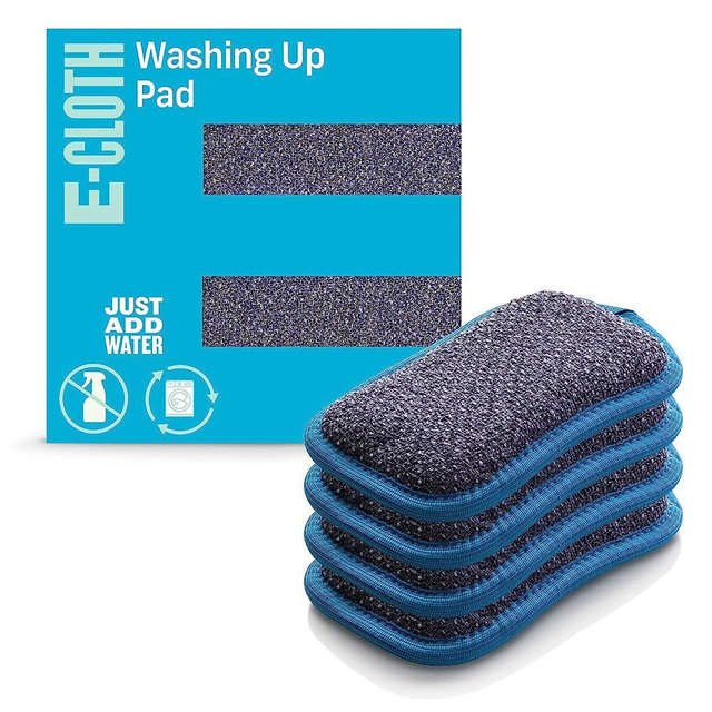 E-Cloth 4-Pack Washing Up Pad, Microfiber Non-Scratch Kitchen Dish Scrubber Sponge, Efficiently Cleans Dish, Sink and Countertop Cleaning, Washable and Reusable, 100 Wash Promise, Blue