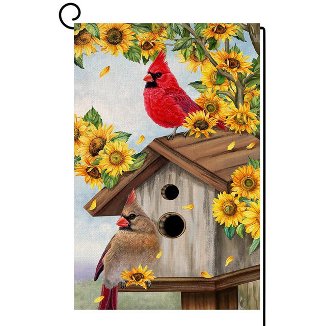 BLKWHT Summer Sunflowers Cardinal Bird Garden Flag 12x18 Vertical Double Sided Yellow Flowers Spring Farmhouse Holiday Outside Decorations Burlap Yard Flag BW815
