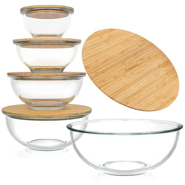 Glass Mixing Bowls - Nesting Bowls - Cute Collapsible Glass Bowls With Lids Food Storage - 5 Stackable Microwave Safe Glass Containers - Salad Bamboo Mixing Bowls - Baking Glass Bowls Set For Kitchen