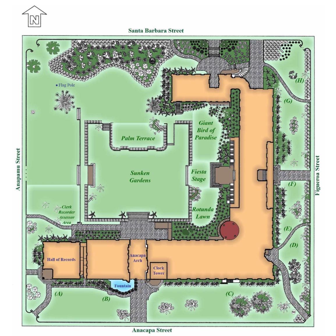 We will all meet at 1100 Anacapa Street (in front of the arch) at 240pm and walk over to the ceremony area together. The complementary areas A-H are for a group of 15 or less, first come first serve.