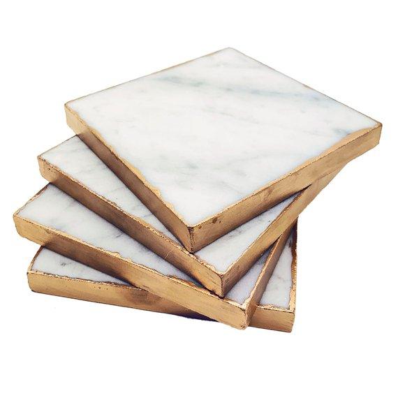 White Marble Coasters with Gold Guilded Edges Set of 4