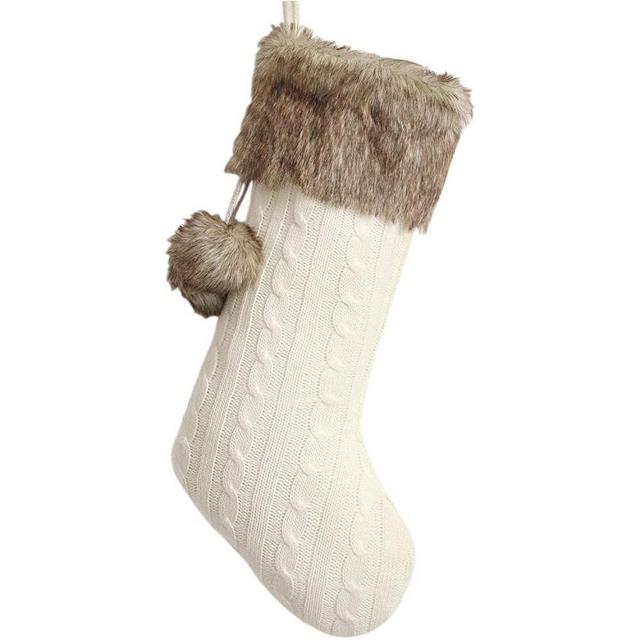 Gireshome Ivory Cable Knitted Body, Faux Fur Cuff with Faux Fur Fluffy Pompom Ball Christmas Stocking, Xmas Tree Decoration Festival Party Ornament - 10"x18"