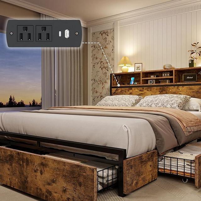 EnHomee Queen Bed Frame with 6 Storage Drawers Queen Bed Frame with Headboard Queen Size Bed Frame with Charging Station Queen Bed Frame with Storage No Noise,No Box Springs Needed,Vintage Brown