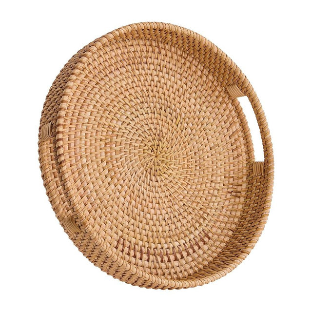 Round Rattan Serving Tray,Hand-Woven Tray with Handles, Ottoman Decorative Coffee Table Tray,Wicker Storage Basket for Tea,Fruit,Bread (Natural, 13.5")
