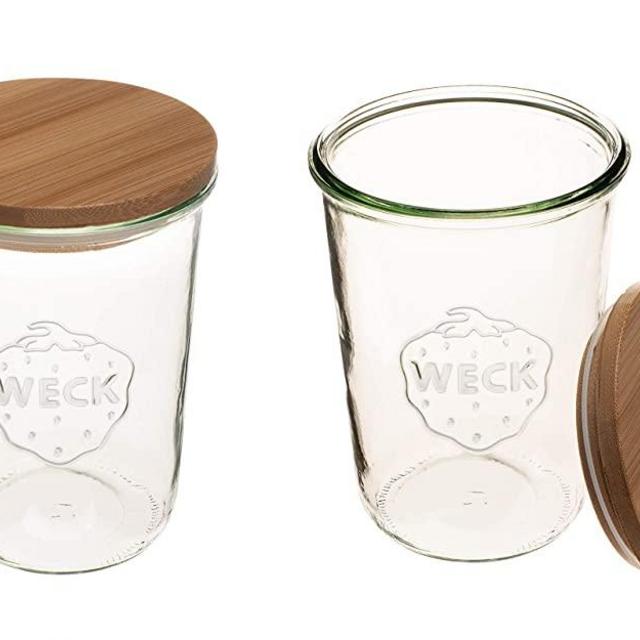 Weck Canning Jars 743 - Weck Mold Jars made of Transparent Glass - Eco-Friendly Canning Jar - Storage for Food, Yogurt with Air Tight Seal and Lid - 3/4 Liter Tall Jars Set - Set of (2 Jars with Wooden Lids)
