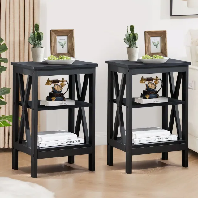 VECELO Set of 2 Nightstands X-Shaped Side End Table with 3-Tier Open Shelves Black