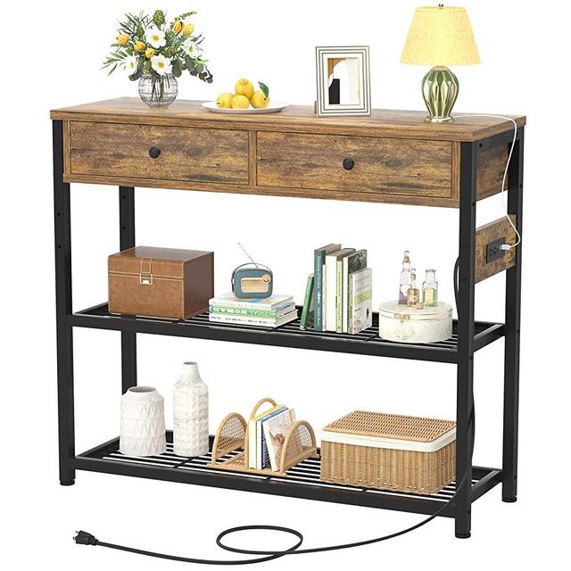Ecopriso Entryway Table with Outlets and USB Ports, Console Table with 2 Drawers, Sofa Table Narrow Long with Storage Shelves for Living Room, Couch, Hallway, Foyer, Kitchen Counter, 32'', Rustic