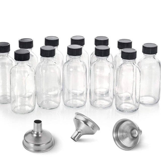 AOZITA 12 Pack, 2 oz Small Clear Glass Bottles w/Lid & 3 Funnels - 60ml Boston Shot Bottles for Health, Immunity, Potion, Wellness, Sample, Ginger, Juice - Mini Personal Care & Beauty Travel Bottle