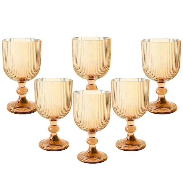 Vintage Wine Glasses Set of 6, 12 Ounce Colored Glass Water Goblets, Colorful Unique Embossed Pattern High Clear Stemmed Glassware Wedding Party Bar Drinking Cups Vertical Line Gold Amber 6 Pack