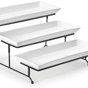 MALACASA 3 Tier Serving Tray, Porcelain Tiered Cupcake Stand, Ceramic Elevated Serving Platter with Collapsible Sturdier Rack,Series PLAT (White, 14 Inch)