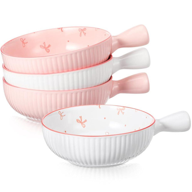 Reallnaive 4 Pcs Pink Bow Soup Bowls with Handles 15 oz Coquette Bow Theme French Onion Soup Crocks Ceramic Large Salad Bowl Oven Safe for Stew Onion, Chili, Cereal, and Pasta Stackable Serving Set