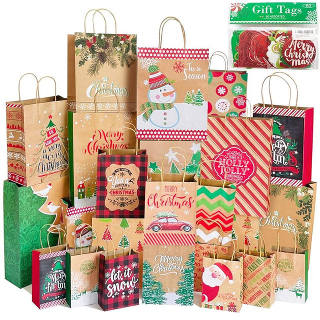 Party Funny 24 Kraft Christmas Gift Paper Bags Bulk with handles and 60 Count Christmas Gift Tags-Assorted sizes set for Wrapping Xmas Holiday Presents(6 Jumbo,6 Large,6 Medium,6 Small)