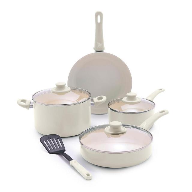 GreenLife Soft Grip 8 Piece Cookware Set, Non-Toxic PFAS-Free Ceramic Nonstick, Frying, Sauce, Sauté, Utensils, Glass Lids, Stay-Cool Handles, Wobble Free, Dishwasher & Oven Safe, Cream White