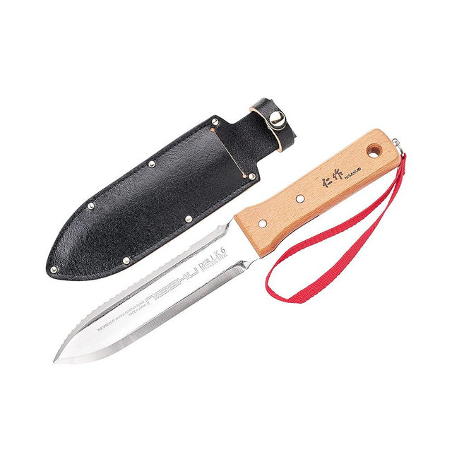 Nisaku NJP651 Hori Weeding & Digging Knife-Hardened HRC58 Edition, Authentic Tomita (Est. 1960) Japanese Stainless Steel, 7.25" Blade, Wood Handle, w/Premium Leather Sheath