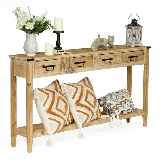 RUSTOWN Farmhouse Console Table with 4 Drawer, 60" Long Rustic Entryway Table with Open Storage Shelves and Handmade Metal Handle, Narrow Foyer Sofa Table for Living Room, Entryway, Hallway(Natural)