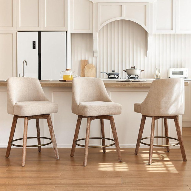 Finekoze Counter Height Bar Stools,Sand-Colored Linen Comfort Fabric Bar Stool Set of 3，360° Swivel Counter Height Stools Solid Wood Legs,27'' Barstools with Contoured Backrest