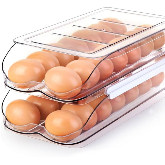 Egg Holder for Fridge, Automatic Rolling Egg Container for Refrigerator, Stackable Fridge Organizers and Storage with Lid, Clear Plastic Egg Dispenser & Tray (2 Tier)