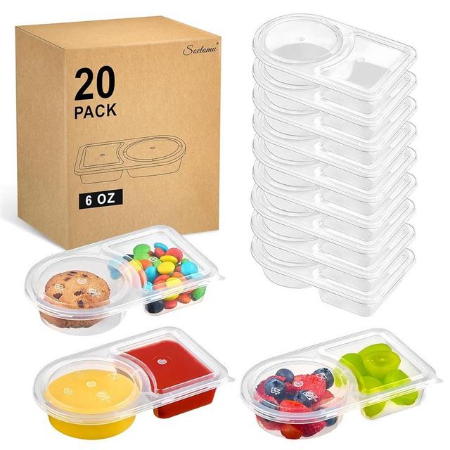 Soelomu 20 Pack 6 oz Pack Small Snack Pack Containers with Lids, 2025 New Reusable Plastic Double Compartment Condiment Containers for Dipping Sauce, Travel Snacks, Meal Prep