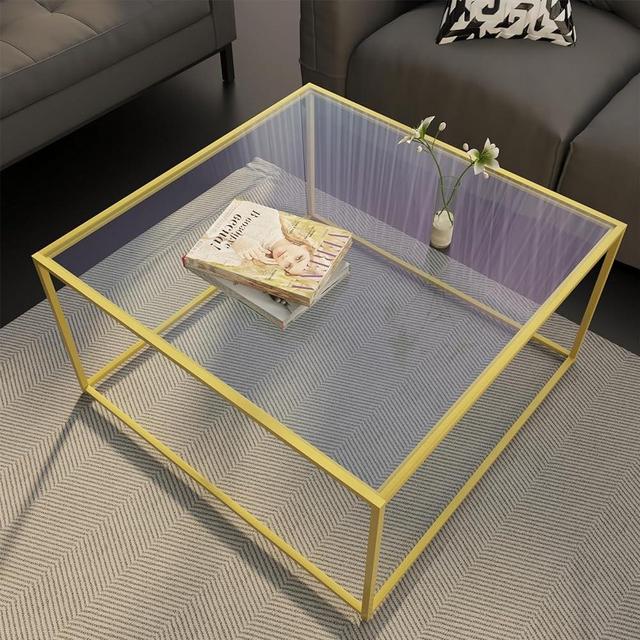 Glass Coffee Table Modern Center Table,Minimalist Coffee Table Sofa Side Tea Table for Living Room,Tempered Glass-top with Sturdy Metal Frame, Easy Assembly,26.7 x 26.7 x 15.7 Inches, Gold