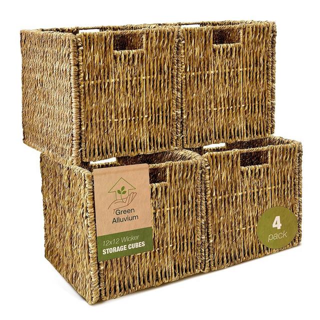 4 Pack Collapsible Storage Bins - 12x12 Wicker Storage Cubes, 12 inch Storage Baskets For Organizing, IKEA Shelves, Kallax Inserts, Closet, Office – Foldable Storage Basket For Shelves, Toys, Clothes