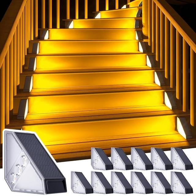 ROSHWEY Solar Step Lights for Outside, 12 Pack Solar Stair Lights Outdoor Waterproof, Triangle Deck Step Lights Solar Powered, Outdoor Decor Lighting for Front Porch, Backyard, Patio, Warm White