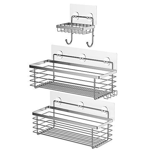 ODesign Shower Caddy Basket with Hooks Soap Dish Holder Shelf for Shampoo Conditioner Bathroom Storage Organizer SUS304 Stainless Steel Adhesive No Drilling - 3 Pack