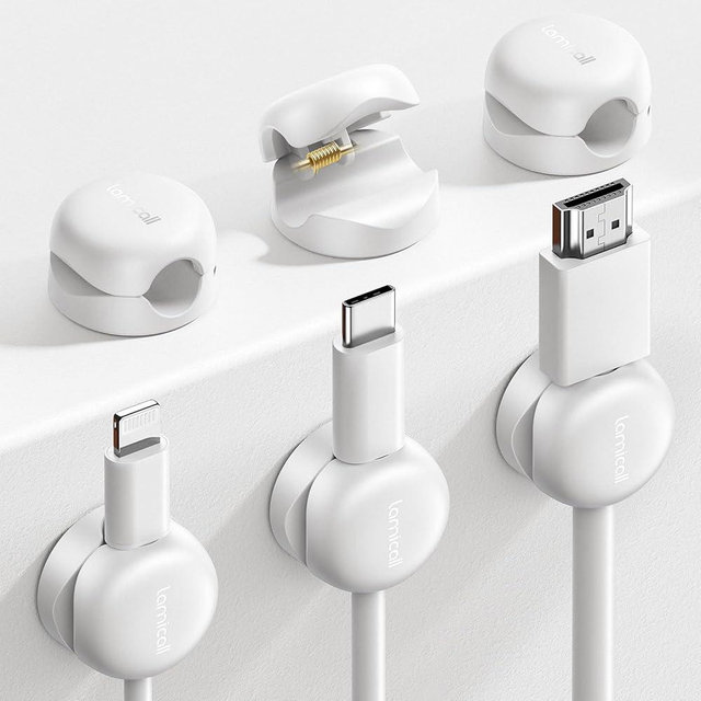 Lamicall Cord Organizer, Spring Cable Management Clips - 6Pack Compact Desk Cable Holder Clips, Nightstand Phone Charging Cord Holder, 8mm Slot Adhesive Wire Organizer, Office Accessory, White