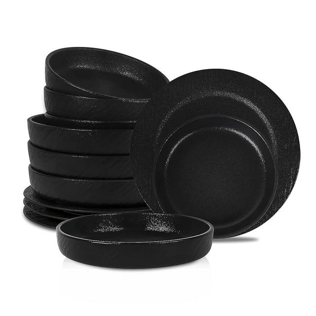 Stone Lain Senso 12-Piece Dinnerware Set New Bone China, Plates and Bowls Sets, Dish set for 4, Dinner and Salad Plates, Black